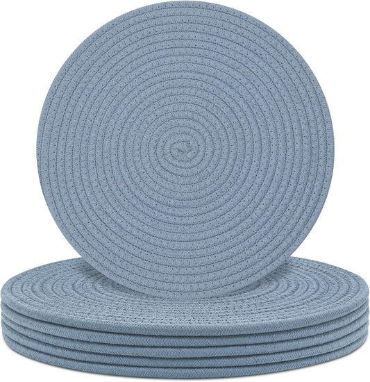 Round Placemats Set of 6, Cotton Rope Woven Table Mats, Hot Pads for Kitchen, Non Slip Heat Resistant Place Mats, 13 Inches Braided Placemat for Farmhouse Decor and Kitchen Table Decor (Blue)