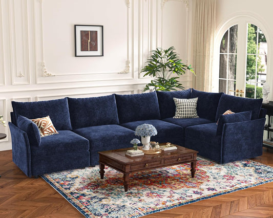 135.5" Oversized Modular Sectional Sofa, L Shaped Convertible Couch with Movable Ottoman, 5 Seat Corner Couches for Living Room Deep Seat Blue Chenille