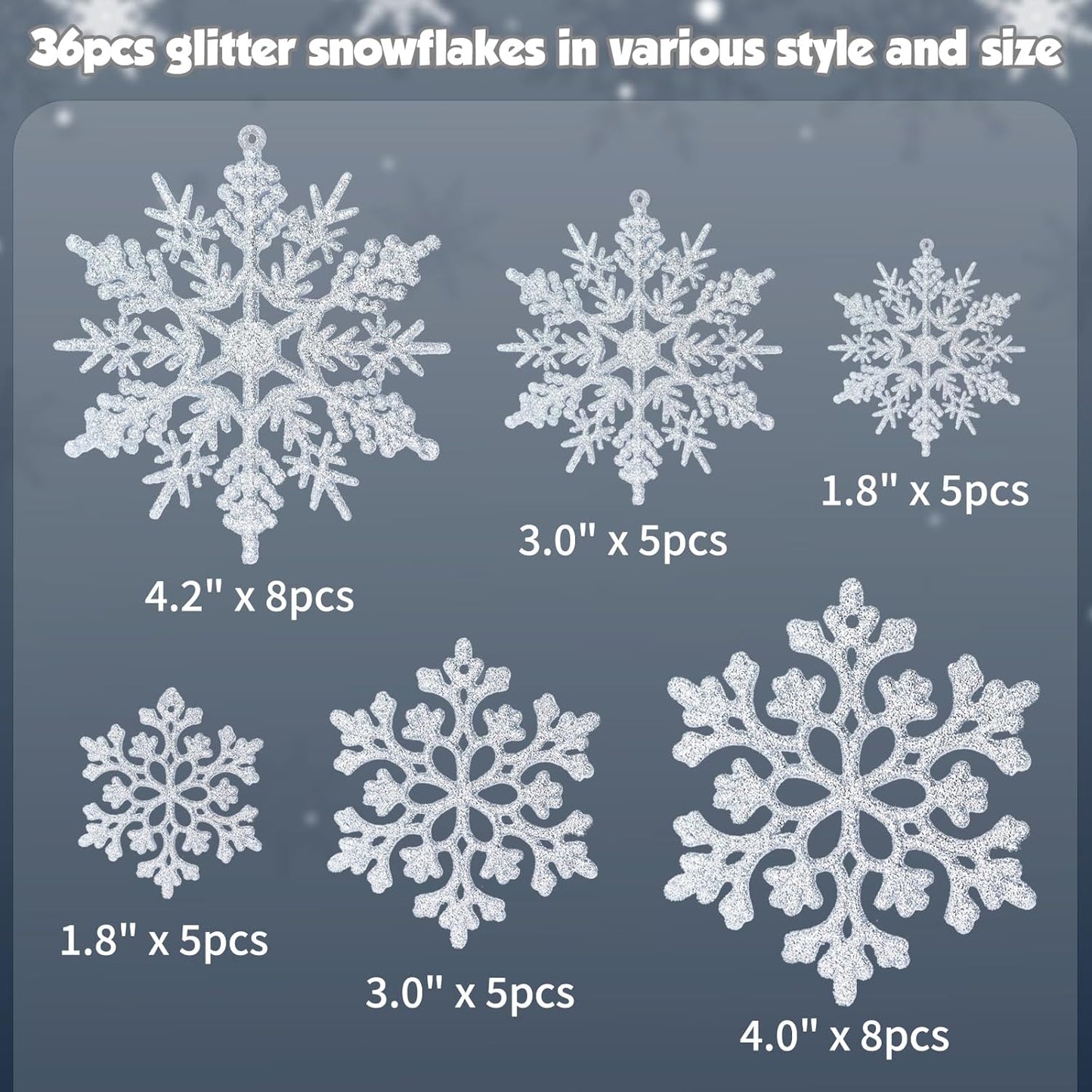 36pcs Christmas Silver Snowflake Ornaments Plastic Glitter Snow Flakes Ornaments for Winter Christmas Tree Decorations Size Varies Craft Snowflakes