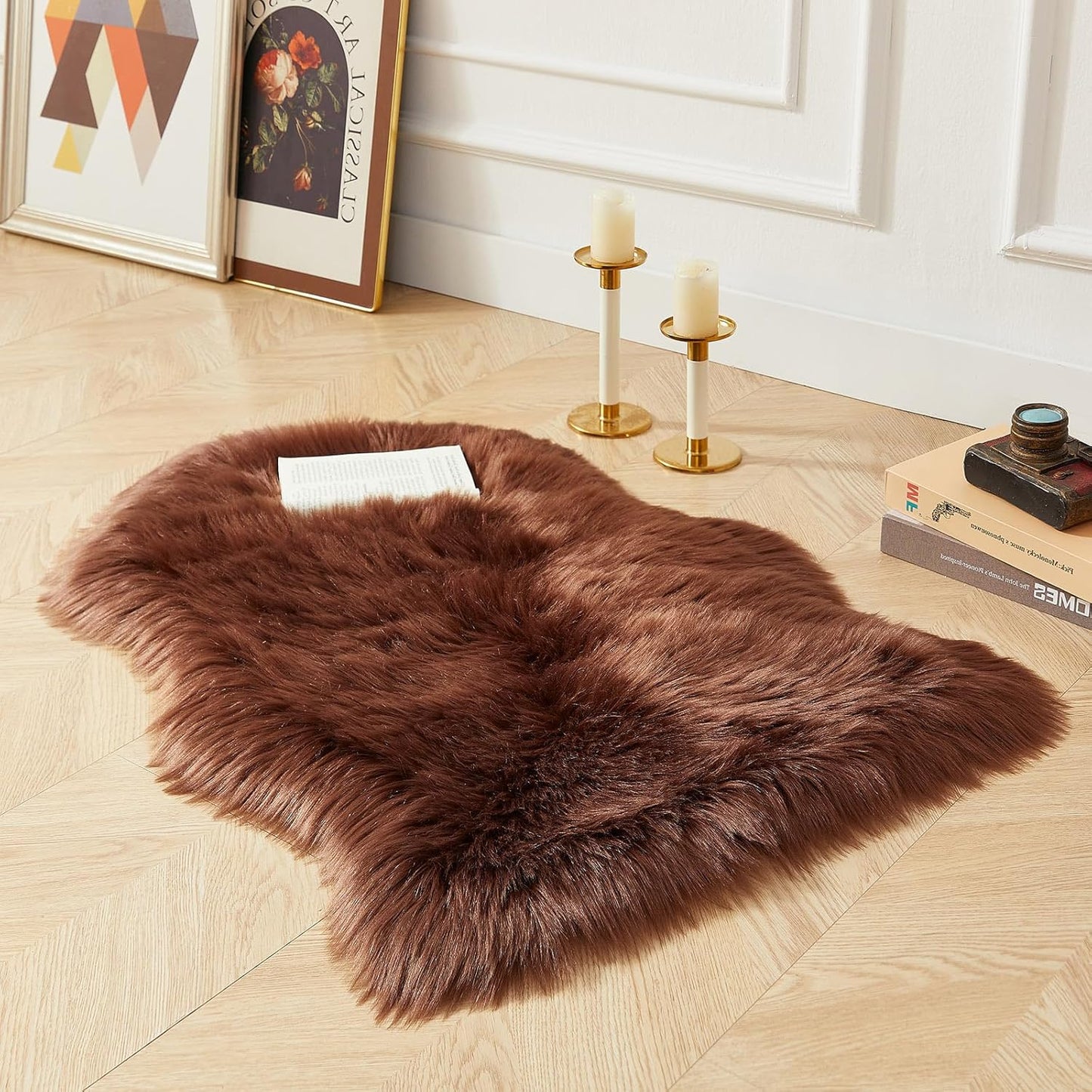 AMTOVO Faux Fur Rug, Coffee Small Area Rug, Fluffy Sheepskin Rug, Fuzzy Ultra Soft 2 x 3 ft Shag Rugs for Bedroom Sofa Throw Cushion Room Decor, Sheepskin