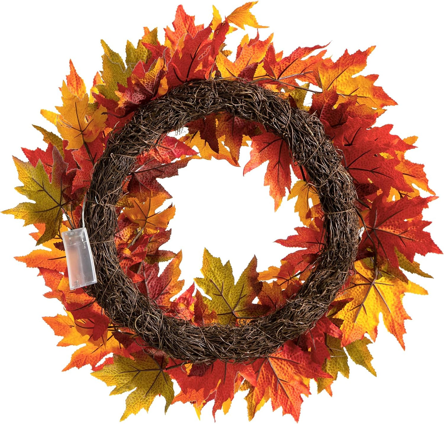 Glitzhome 24 Inch Pre-lit Fall Wreath, Autumn Wreath for Front Door, Lighted Maple Leaves Wreaths with Timer for Thanksgiving Halloween Christmas Wall Front Porch Home Decoration