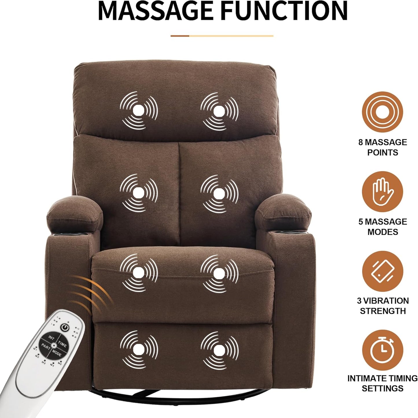 Swivel Power Recliner Chair for Adults with Full Body Massage, Electric Rocker Recliner Chairs for Living Room with USB and Type-C Ports, Fabric Rocking Reclining Sofa Chair (Cocoa Brown)