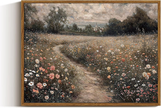 VIYYIEA Framed Canvas Wall Art Home Decor Vintage Landscape Nature Country Wildflower Paintings Farmhouse Pictures Floral Artwork Rustic Flower Prints Cottagecore Living Room Bedroom Bathroom 12x16in