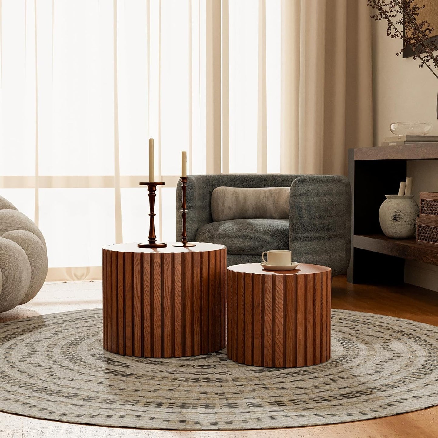 Round Coffee Table Set of 2, Nesting Coffee Table and End Table Set Small Circle Drum Side Table for Living Room Office, No Assembly (C Walnut Small)