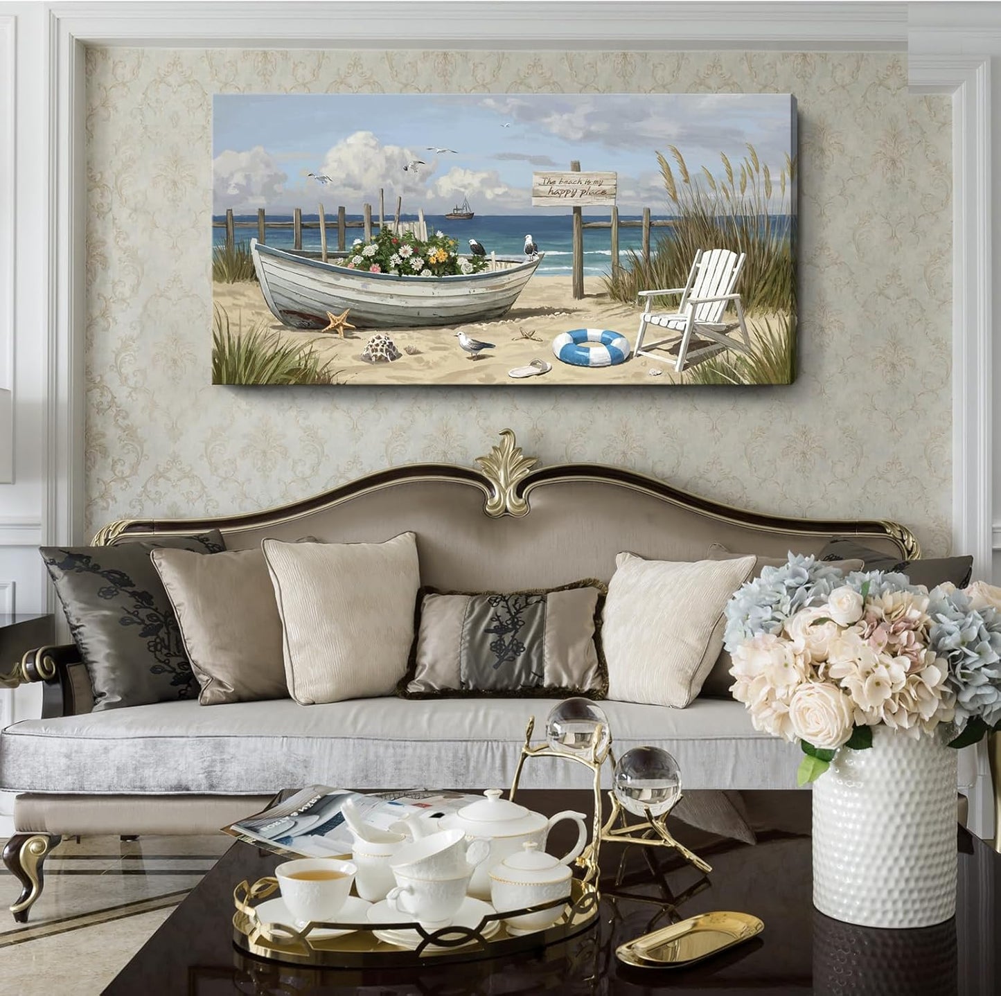 amatop Large Coastal Wall Art Nautical Beach Canvas Art Print Flower-Filled Boat on Sand Ocean Waves Seaside Seascape ArtworkSea Birds Marine Picture Home Decor for Living Room Bedroom Office 48×24 Inch