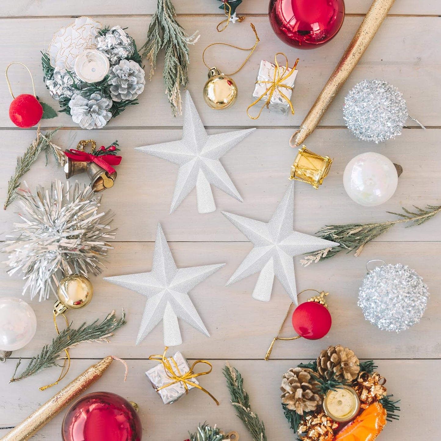 Christmas Tree Topper, 1PCS 4" White Glitter Star Tree Topper, 3D Xmas Shatter-Proof Mini Bethlehem Star Tree Topper Decorations, Waterproof Christmas Decor for Holiday Home Outdoor Ornament