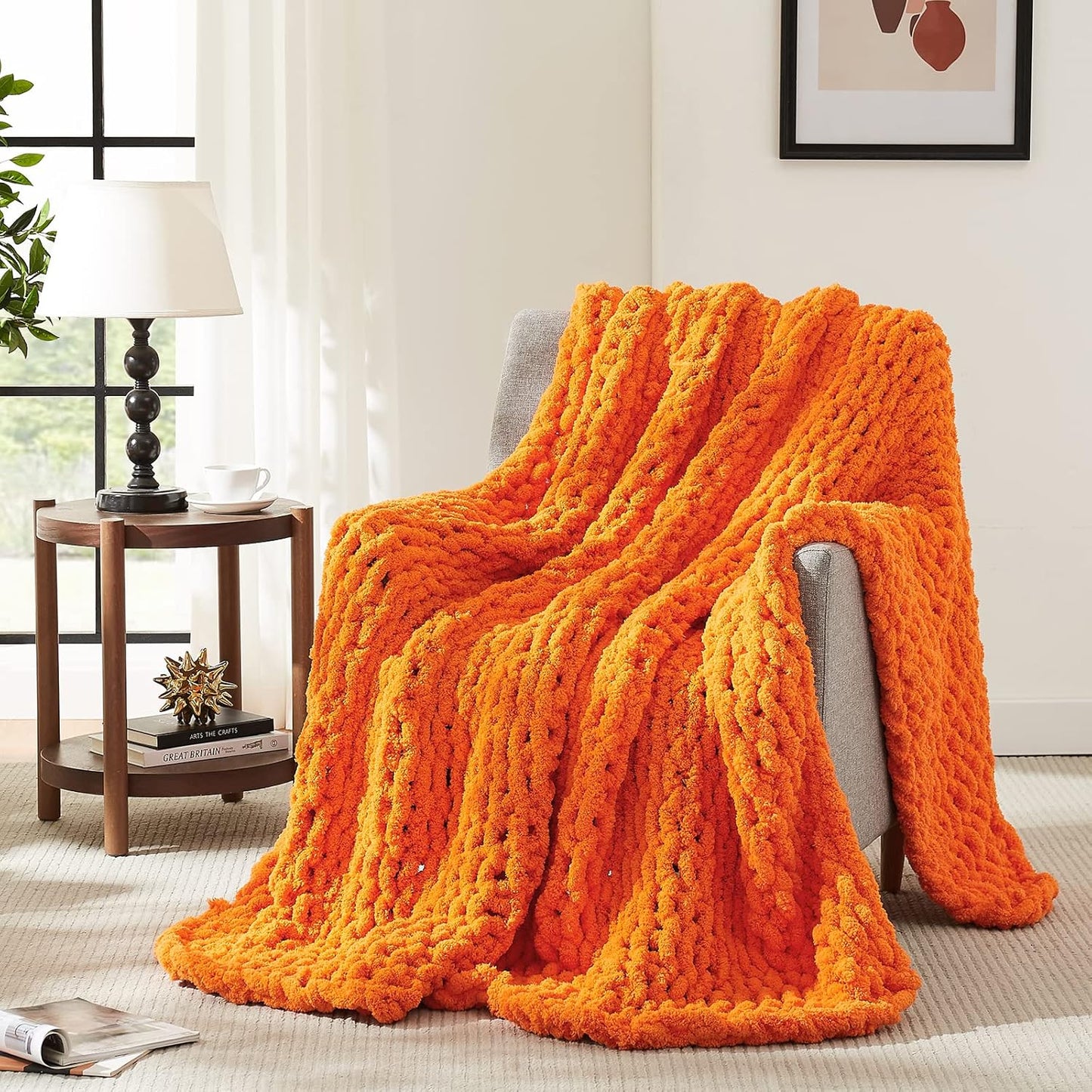 L'AGRATY Chunky Knit Blanket Throw: 30''x40'' Chenille Thick Knitted Throw for Bed & Couch - Handmade Large Crochet Rope Blanket - Orange