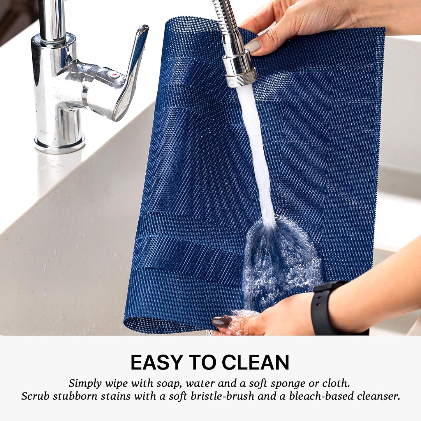 LEXMORE Placemats Set of 6 Vinyl/Plastic Woven Place Mats for Kitchen Table Indoor/Outdoor Washable Placemat Wipeable Dining Table Mats(G-Navy Cube)