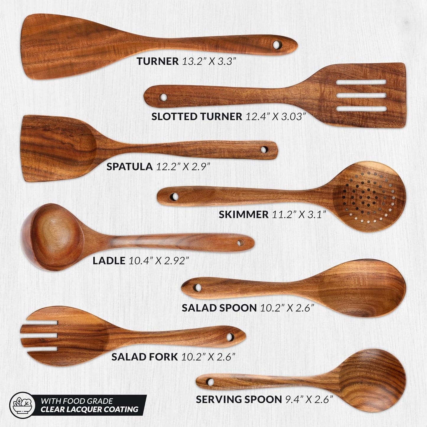 Zulay Kitchen Premium 8-Piece Wooden Spoons - Smooth Finish, Natural Teak Wood, Non-Stick, Handmade