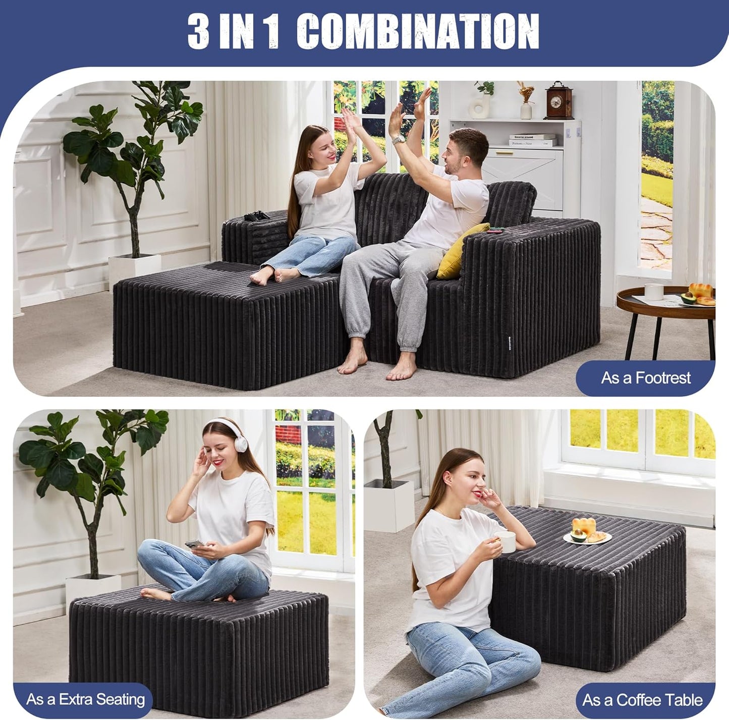 Hobestluk Rectangle Ottoman Memory Foam Footrest for Couch with Removable Cover Large Floor Seating for Adults Ottoman Coffee Table for Living Room, Bedroom or Office (Strip Grey, Footrest)