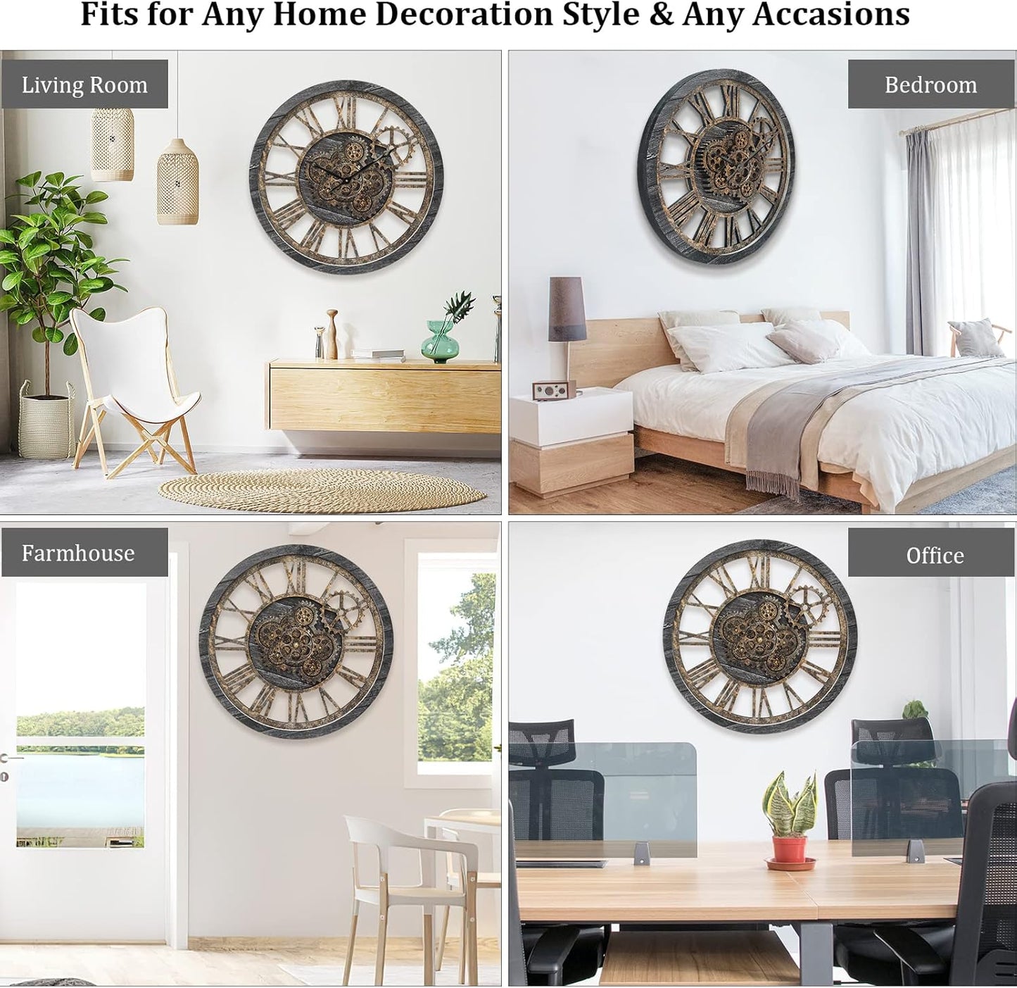 HOIBAI Large Wall Clock, Wall Clocks for Living Room Decor 20 Inch Farmhouse Vintage Rustic Kitchen Wall Decor Vintage Roman Oversized Wall Clock for Home Bedroom House Office, Moving Gears Clock