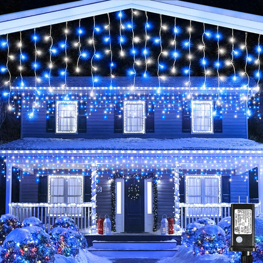 66FT 640 LED Icicle Lights for Outside, Icicle Christmas Lights Outdoor with 8 Modes Timers, Waterproof Plug in Twinkle String Light for Yard Eave Patio Party Holiday Decorations, Blue White