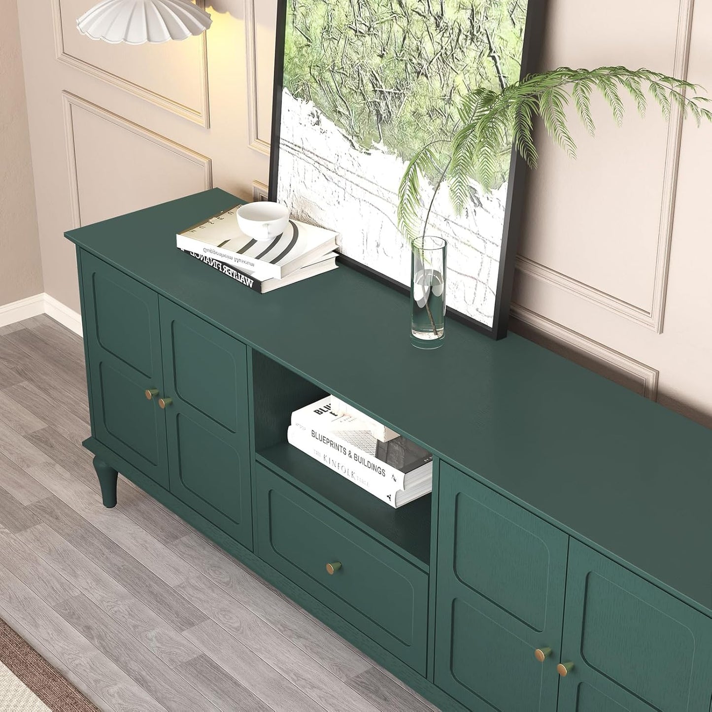 ARTPOWER 67'' Mid-Century Modern TV Stand with Storage Drawer and Doors, Long TV Stand with Adjustable Shelves for 75 Inch TV for Living Room, Bedroom, Green