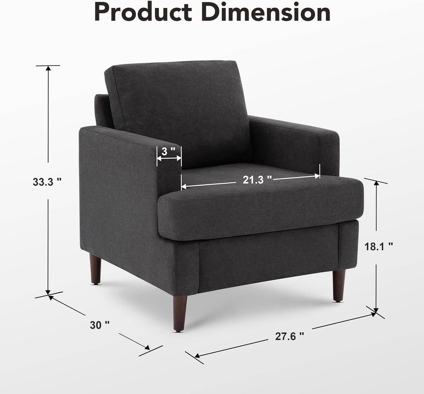 Mid-Century Accent Chair,Modern Linen Fabric Armchair for Living Room,Comfy Upholstered Reading Accent Chairs for Bedroom,Single Sofa Chair with Wood Legs (Dark Grey, 2 Pack)