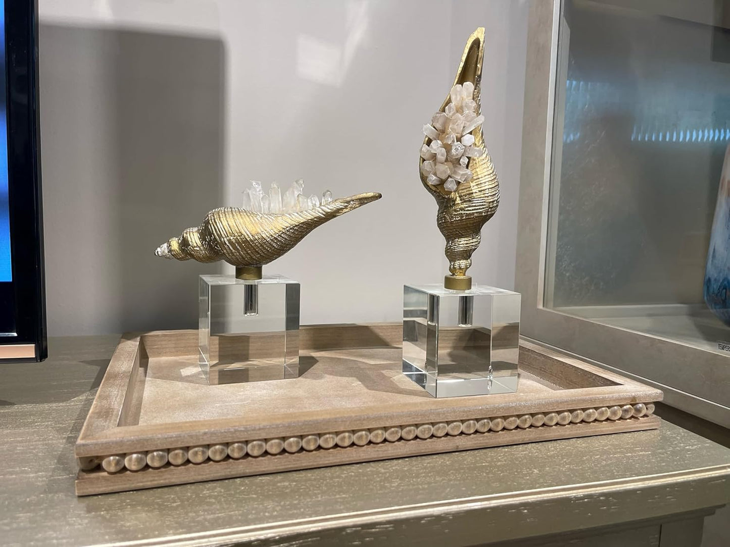 Wood Decorative Tray-Vitage Brown Washed Bead Tray for Coffee Table Wooden Serving Trays Ottoman Tray for Living Room Candle Holder Home Organizer Farmhouse Home Decor (Rectangular)