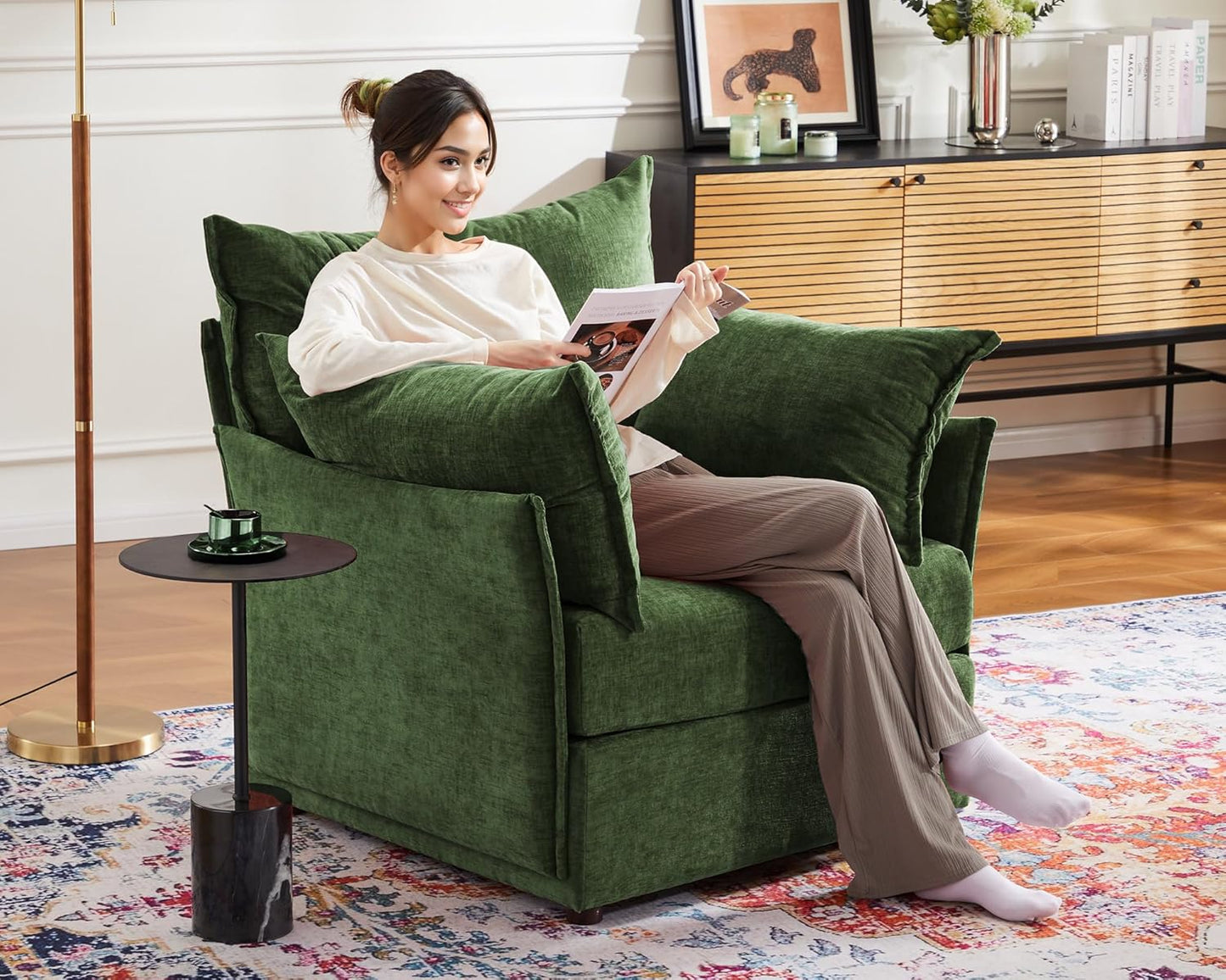 Oversized Accent Chair, Upholstered Modern Sofa Chair with Removable Backrest & Detachable Cover, 24.5" Deep Seat Large Reading Armchair for Living Room Bedroom Office - Chenille Green Set of 1