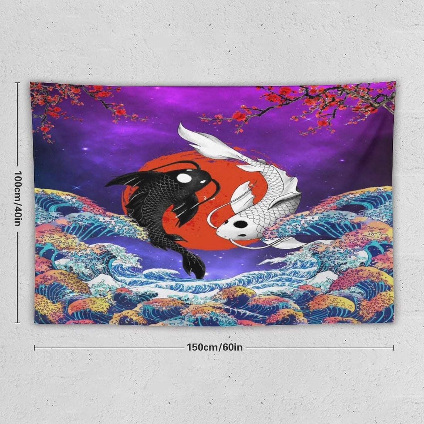 Houselerax Japanese Koi Fish Tapestry, Yin Yang Big Wave Cherry Blossom Tapestries Wall Hanging for Bedroom Living Room Office Decor 60"x40"