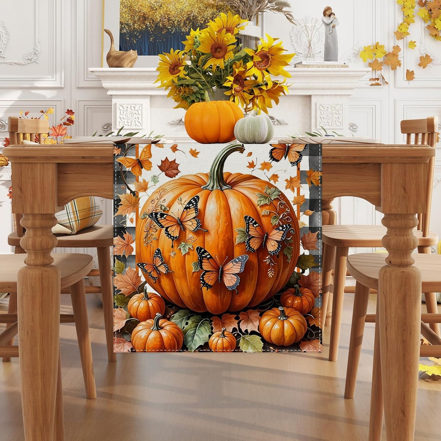 Linen Black and White Buffalo Check Plaid Fall Table Runner 108 Inches Long, Fall Leaves Pumpkin Butterfly Home Kitchen Table Decor, Farmhouse Autumn Thanksgiving Harvest Festival Decorations for Home