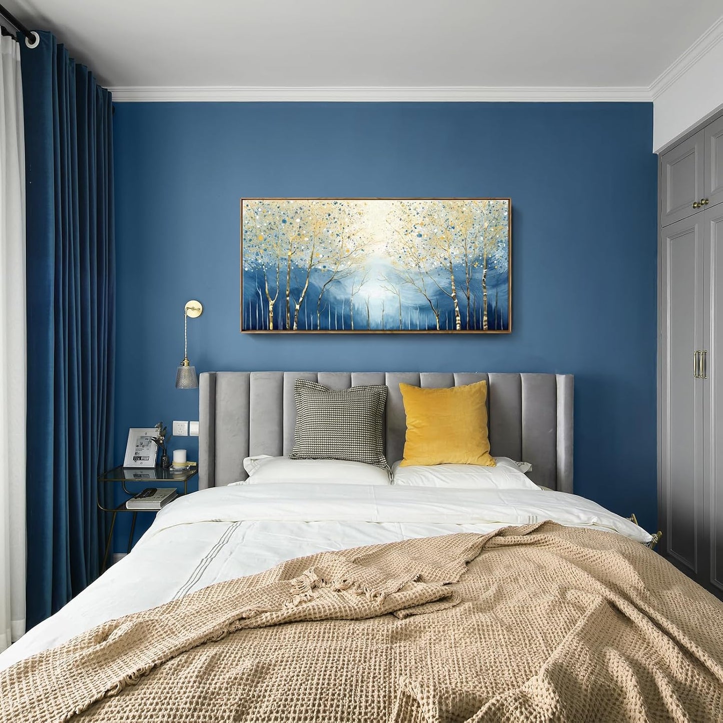 amatop Large Framed Abstract Canvas Wall Art Navy Blue Art Print Modern Nature Tree of Life Artwork Birch Contemporary Landscape Picture for Office Living Room Bedroom Hallway Home Decor 48x24 Inch