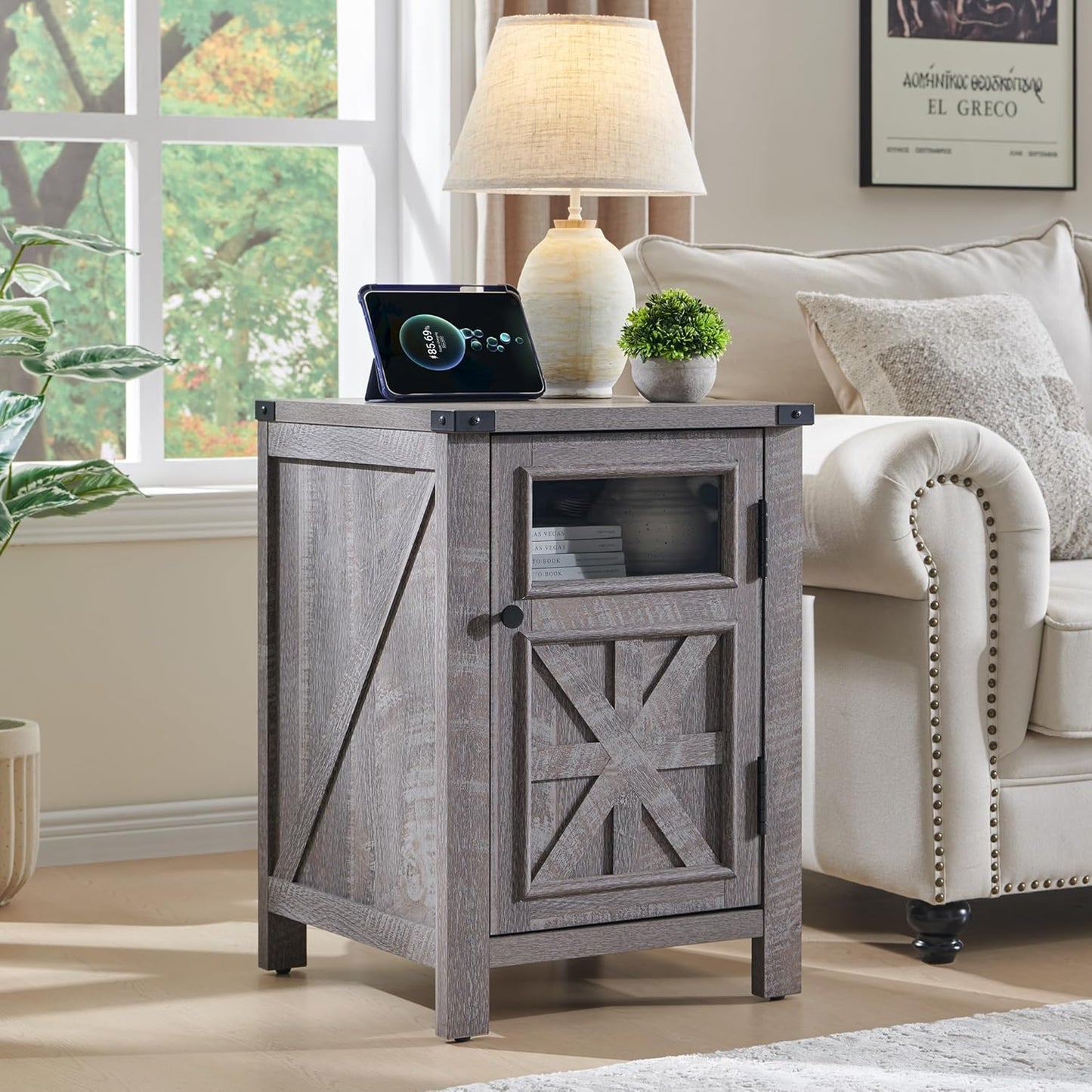 JXQTLINGMU Farmhouse End Table with Charging Station, 18'' Rustic Nightstand with Barn Door & Adjustable Shelf, Wooden Sofa Side Table with 3-Tier Storage for Living Room, Bedroom, Gray