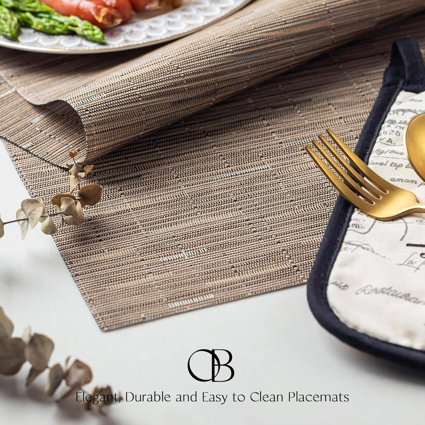 Placemats Set of 12 - Easy Clean Woven Vinyl Placemats for Dining Table, Indoor/Outdoor Place Mats, Washable PVC Table Mats （Light Brown）