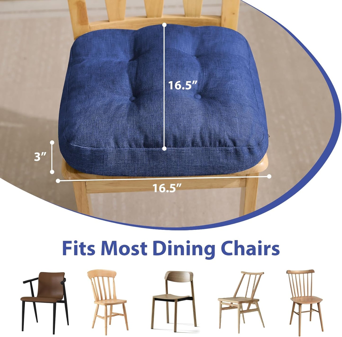 Chair Cushions for Dining Chairs, Dining Chair Cushions, Tufted Indoor Chair Pads with Ties & Non Slip Backing, Seat Cushions for Kitchen Chairs 16.5” x 16.5” x 3.5”, Set of 6, Navy Blue