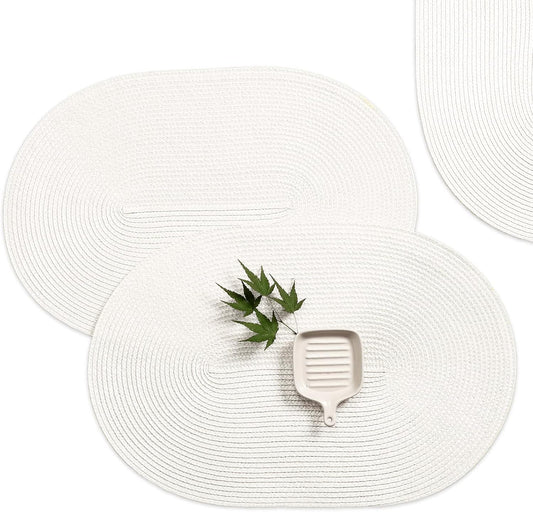 AHHFSMEI Placemats Set of 4 for Dining Table Washable Woven Vinyl Non-Slip 18x12 inches Placemat Heat-Resistant Durable Table Mats for Dining Table Easy to Clean (Oval White, 4)