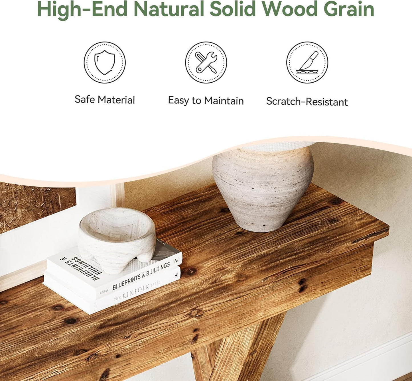 Solid Wood Console Table, 63-Inch Farmhouse Entryway Table with X-Shaped Legs, Real Wood Behind The Couch Table for Living Room, Entrance, Hallway, Easy Assembly