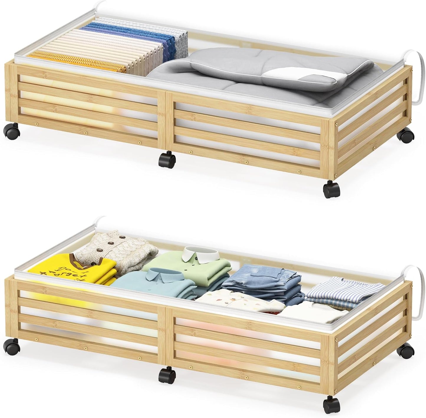 Under Bed Storage with Wheels-Large Bamboo Underbed storage Containers with Large Dust Bag Stackable Under the Bed Shoe Storage Bins for Clothes Books Bedding (2 Packs Nature, 33.07"L×16.54"W× 6.5"H)