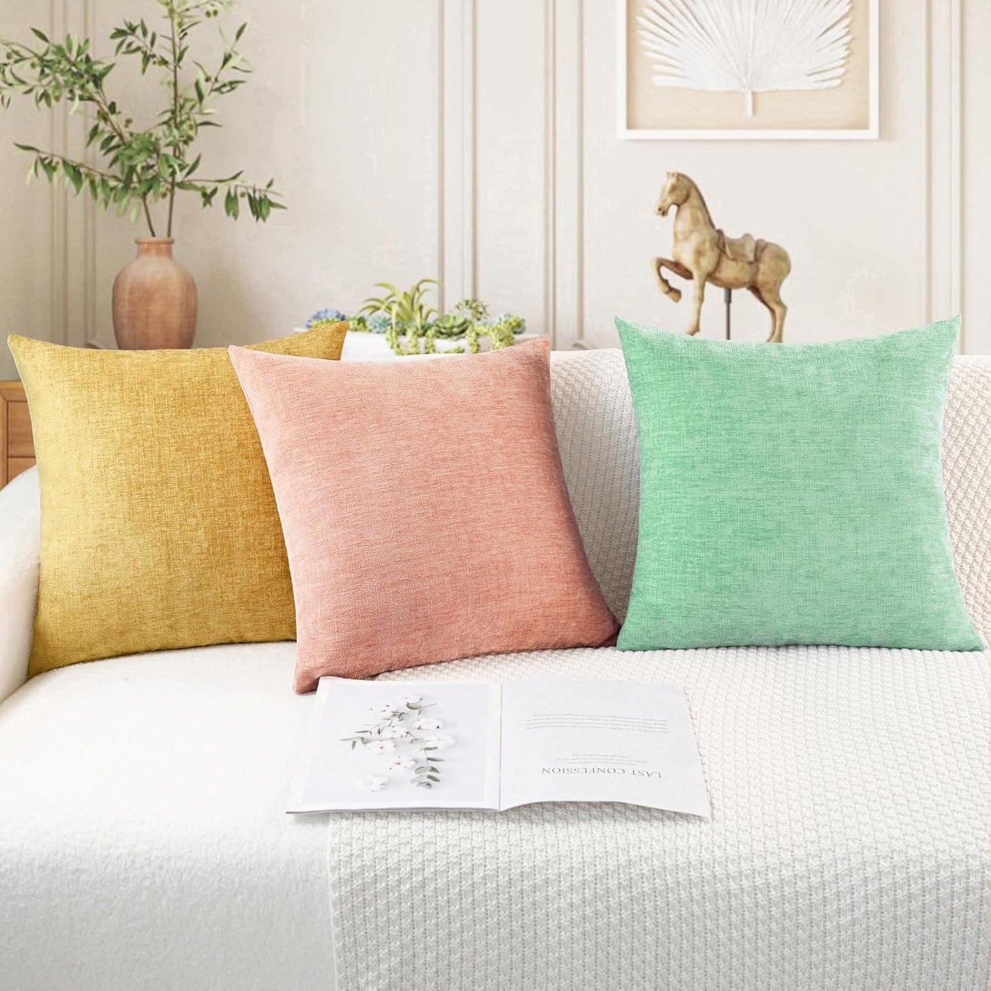 CaliTime Throw Pillow Covers Decorative 24 X 24 Inches Pack of 2 Cozy Chenille Cushion Cases for Couch Sofa Bed Living Room Home Grey Green