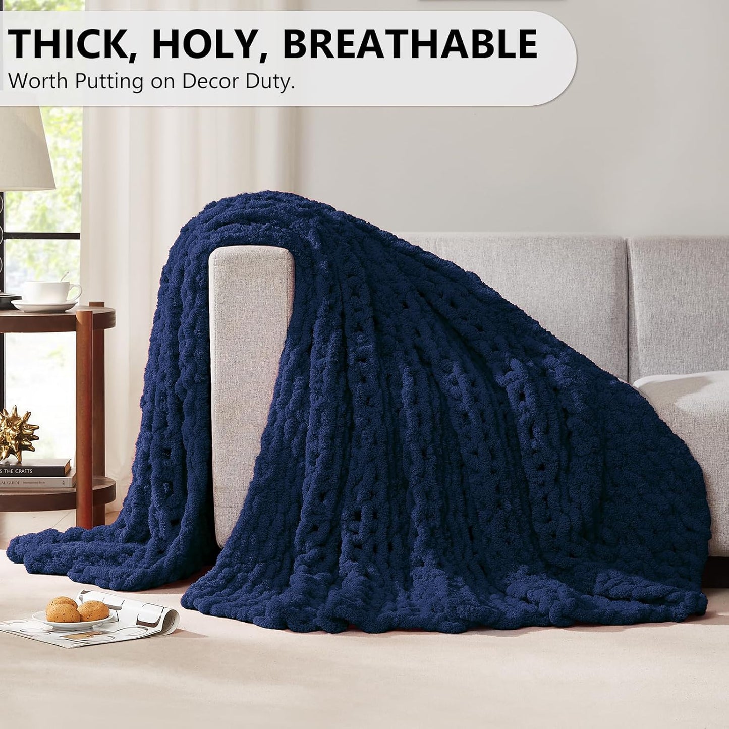 L'AGRATY Chunky Knit Blanket Throw - Soft Chunky Throw Blanket 50x60: 100% Hand Kintted Chenile Crochet Throw Blanket for Couch - Large Cable Knit Chunky Blanket for Home Decor(Dark Blue)