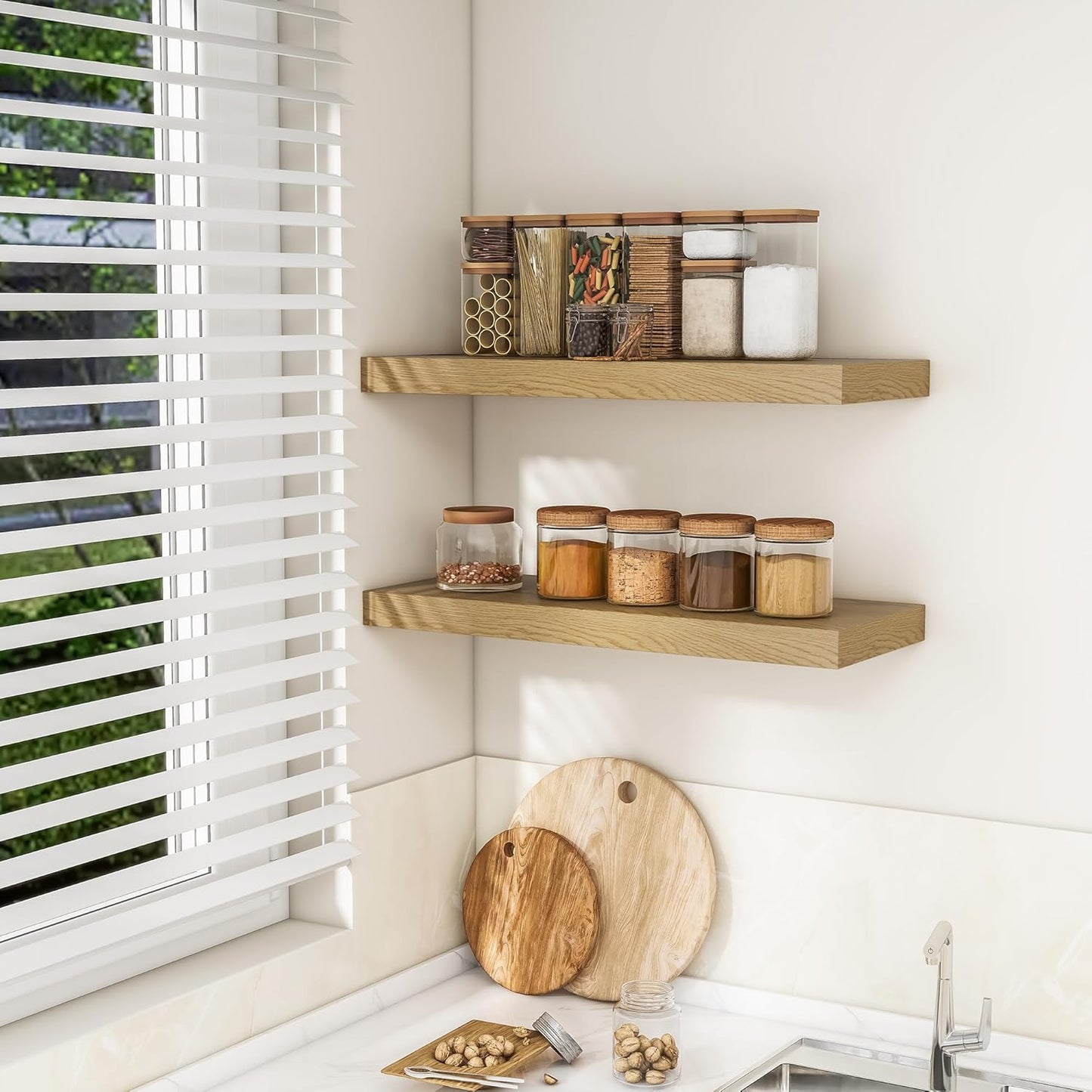 RICHFOCUS 31.5Inch Floating Shelves for Wall 2 Pack Shelves for Bedroom|Kitchen|Bathroom Wall Mounted Rustic Wood Floating Shelf with Invisible Brackets for Books|Storage|Decor, Oak