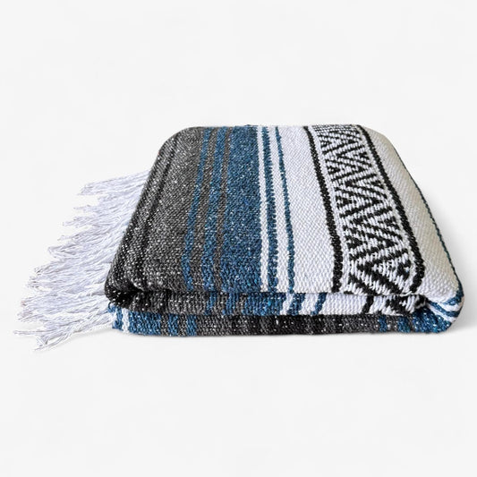 Traditional Handwoven Mexican Blanket, Large Falsa Serape - Soft & Durable - Vibrant Beach, Picnic, Yoga & Camping Mat - Lightweight Boho Throw 70"x50" (Onyx)
