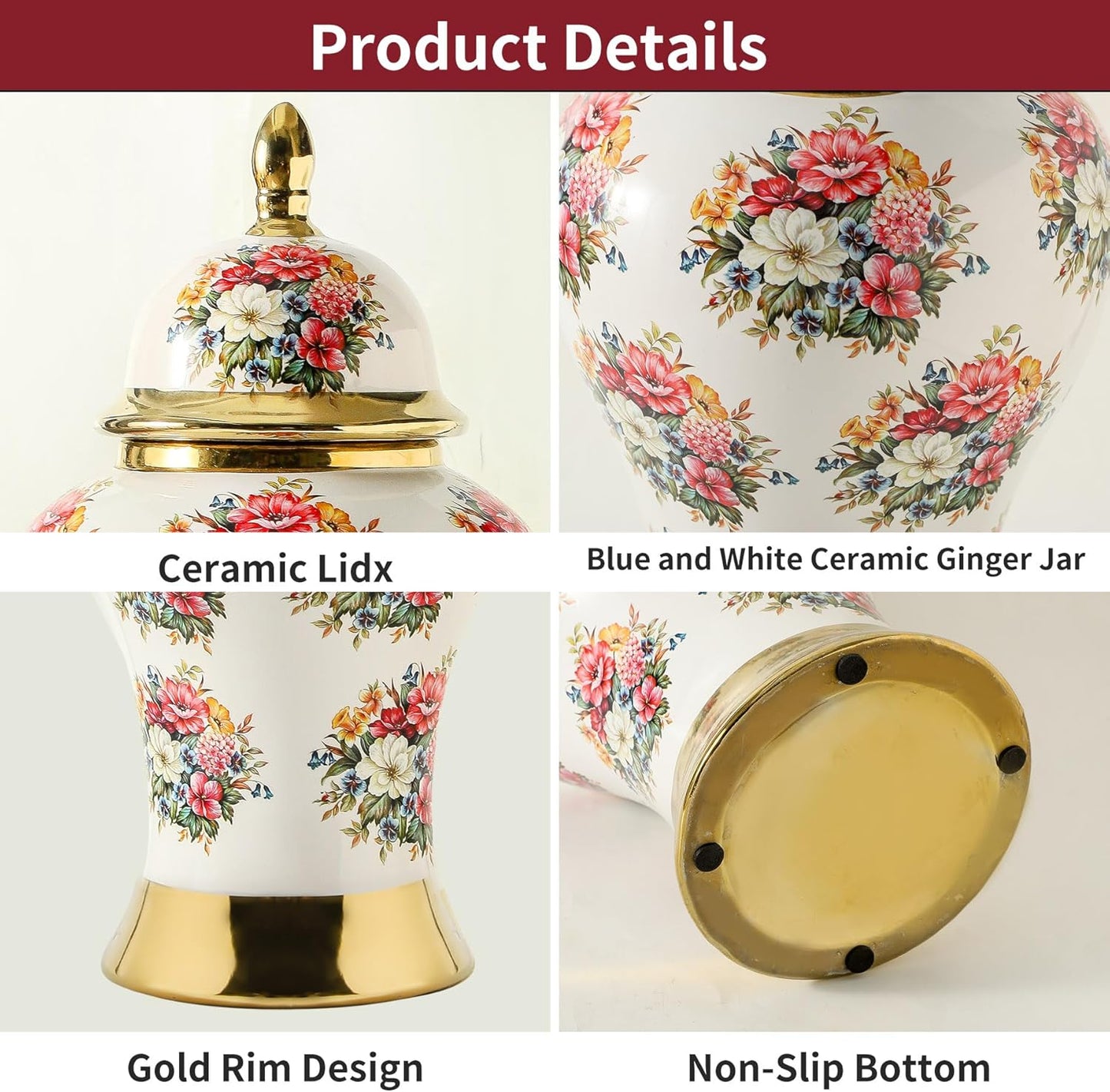 Ginger Jars for Home Decor, White Gold Ceramic Vase with Colorful Floral Pattern, Handmade Decorative Flower Vase with Lid for Home, Kitchen, Office, Table, Bookshelf, Mantle Fireplace,(12in)