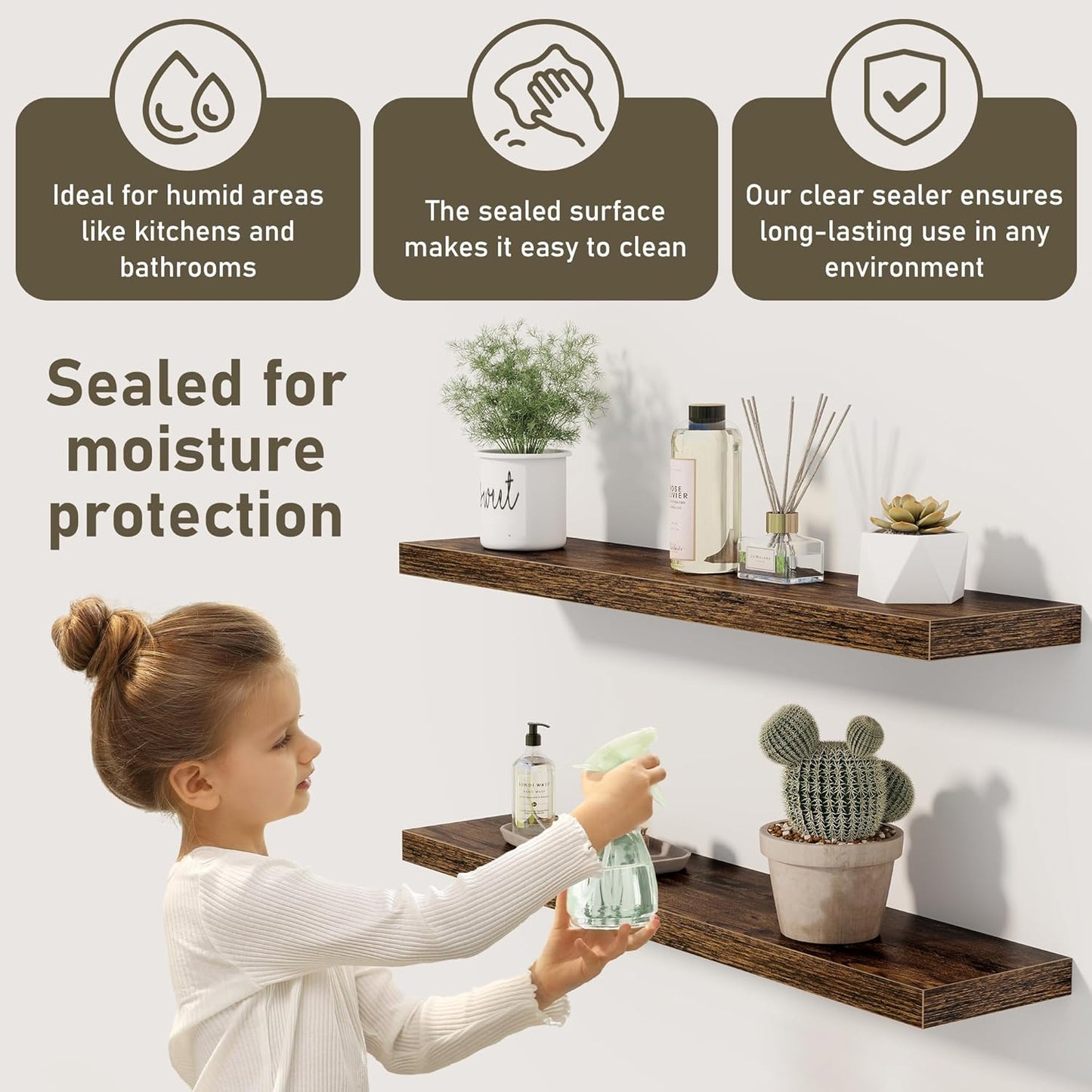 Floating Shelves Wall Shelf 48 Inch, 9.3 Inch Deep Floating Shelf, Farmhouse Black Wood Shelves Invisible Bracket for Living Room, Bedroom, Kitchen, 48 x 9.3 x 1.4 Inch, Set of 2, Rustic Brown