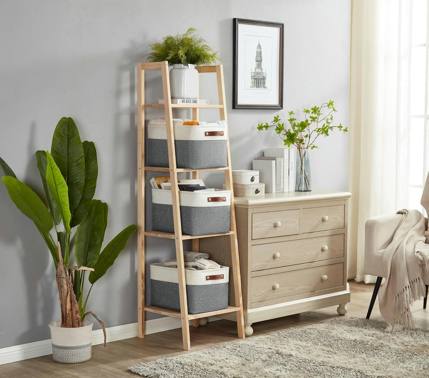 DECOMOMO Storage Bins Fabric Storage Baskets for Shelves, Linen Closet Organization Toys Nursery (Slate Grey and White, Large - 4 Pack)