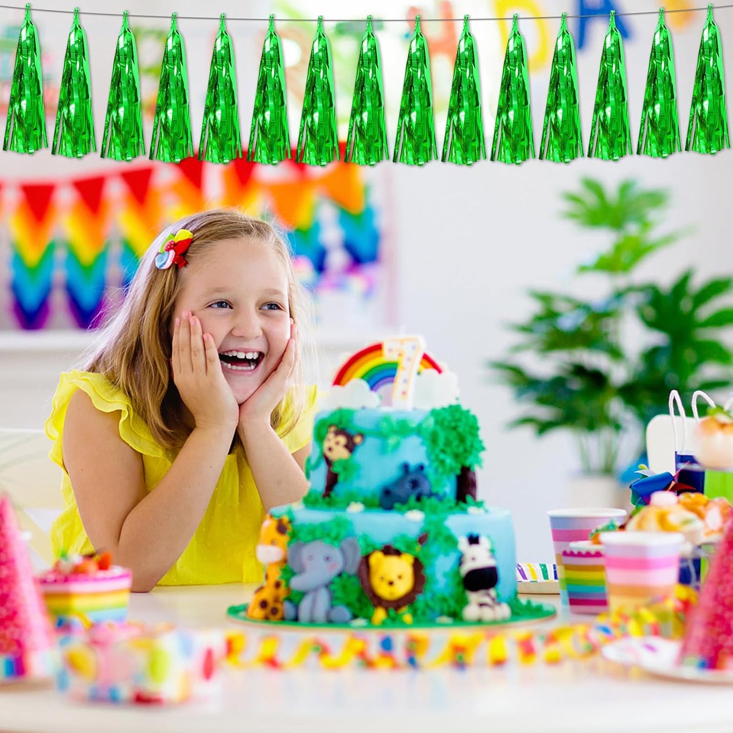 3P Green Foil Fringe Metallic Tassel Streamers Banner Tassel Garland for Parade Floats, Bachelorette, Wedding, Birthday, Halloween, Christmas, Bridal/Baby Shower Party Decorations