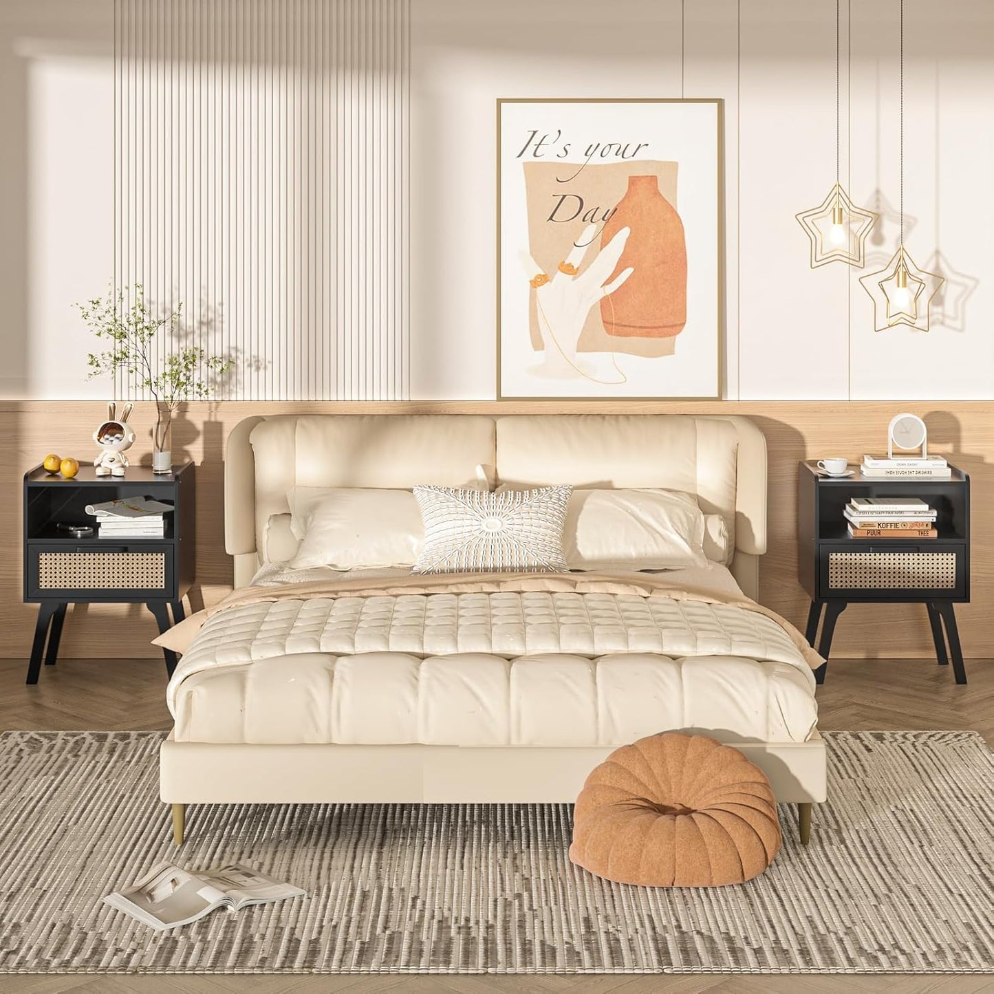 Lerliuo Rattan Nightstand, Bedside Table with Drawer Open Shelf, Cane Accent Side End Table with Solid Wood Legs, Black Mid Century Night Stand for Bedroom, Dorm and Small Spaces