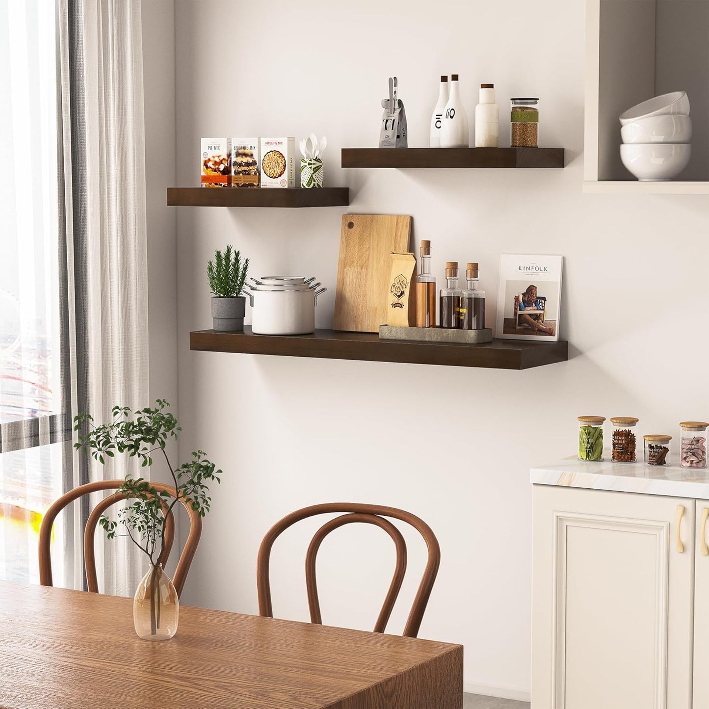 Walnut Floating Shelves for Wall 48 Inch, 8 in Deep Single Wood Shelf Floating Rustic Farmhouse Decor, Heavy Duty Shelf Hold 100 lbs, Wall Shelves for Bathroom Living Room Kitchen Bedroom Office