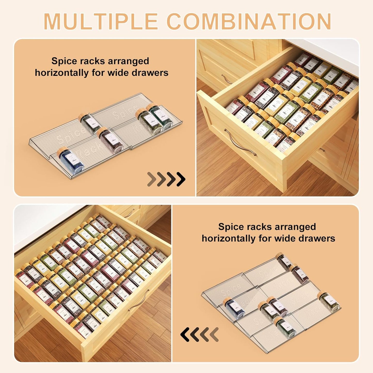 24 Spice Jars with Spice Drawer Organizer, 355 Spice Labels, 4 Pack Expandable From 11'' to 21'' Acrylic Spice Rack for Drawer, Seasoning Containers Storage Organization for Kitchen Cabinet Countertop