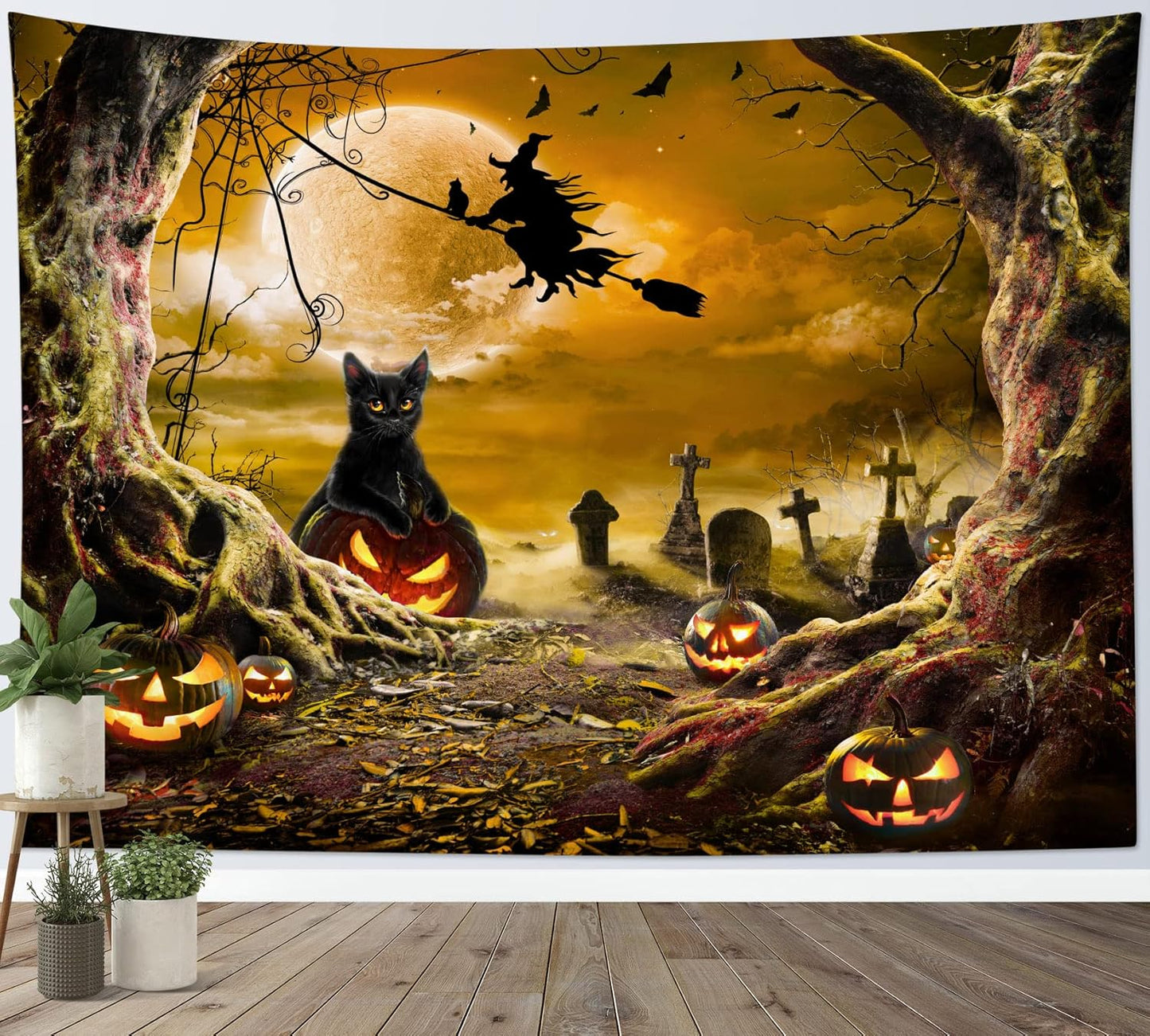 LB Halloween Wall Tapestry - Horror Witch Cat, Dead Tree, Pumpkin Lights With Spooky Graveyard, Orange Full Moon Over Misty Forest for Bedroom Living Room Dorm - 80x60 Inches
