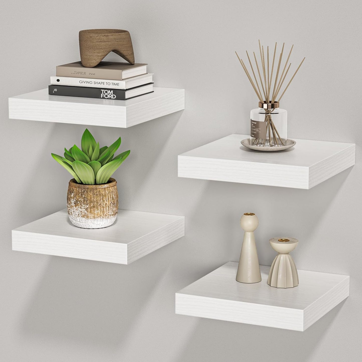 Square Floating Shelves for Wall, 8" W x 8" D x 1.2" H, Small Wooden Wall Mounted Display Shelves with Invisible Brackets for Living Room, Bedroom, Bathroom, Kitchen Decor, Set of 4, White