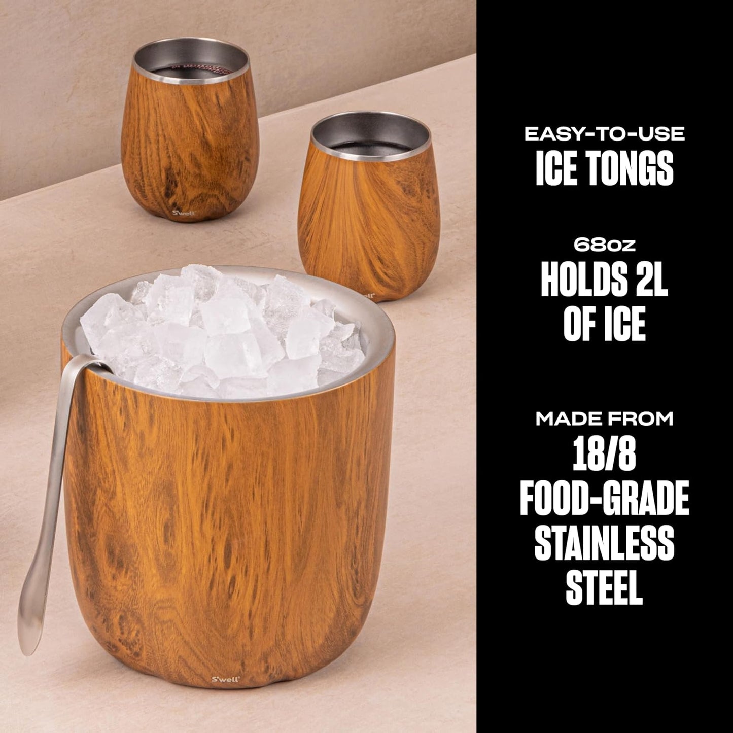 S’well Stainless Steel Ice Bucket with Tongs, 68oz Capacity, Teakwood Finish, Triple-Layer Vacuum Insulated to Keep Ice Colder Longer, BPA-Free Barware