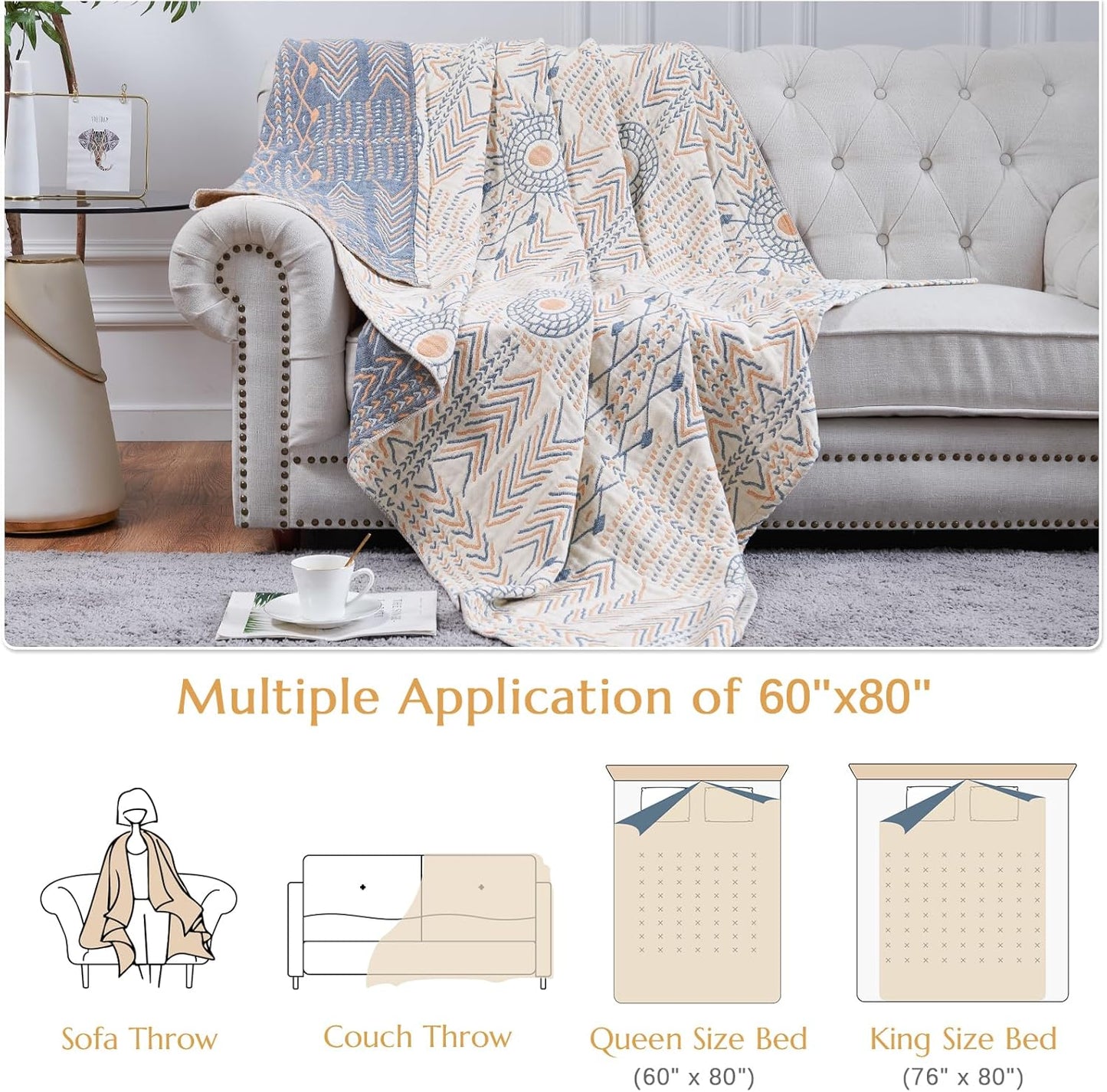 jinchan Boho 100% Cotton Muslin Twin Size 60x80 Throw Blanket Lightweight 4-Layer Orange Reversible Blanket Washable Breathable Geometric Striped Pattern Soft Comfy for Couch Bed Decor All Seasons