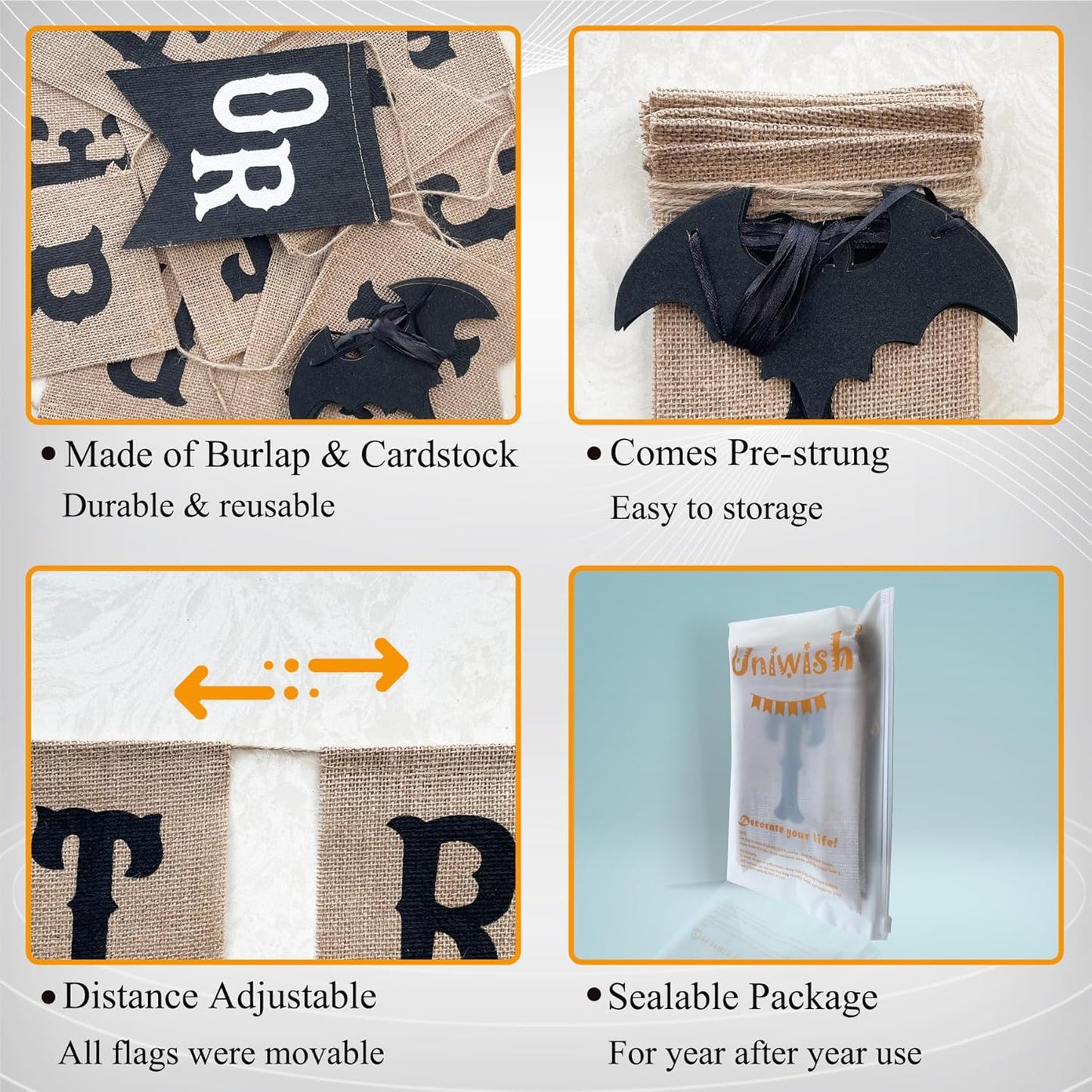Uniwish Trick or Treat Burlap Banner Halloween Decorations for Mantel Fireplace Glitter Bat Garland Bunting Home Wall Decor Halloween Party Supplies