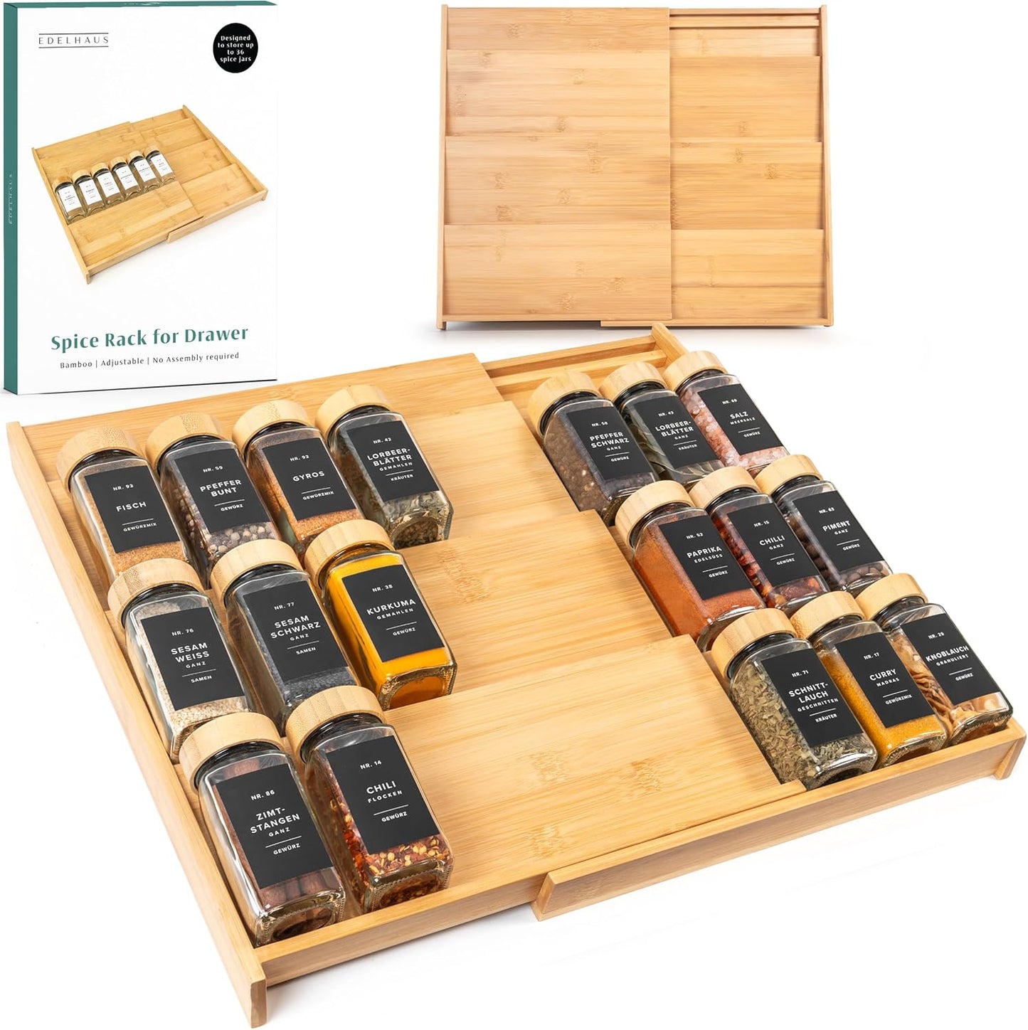 Bamboo Spice Drawer Organizer - Expandable 4 Tier Spice Rack (Need 3" Deep Drawer) 12" to 24" Wide, Seasoning Organizer, Organization Seasoning Rack insert (Jars Not Included)