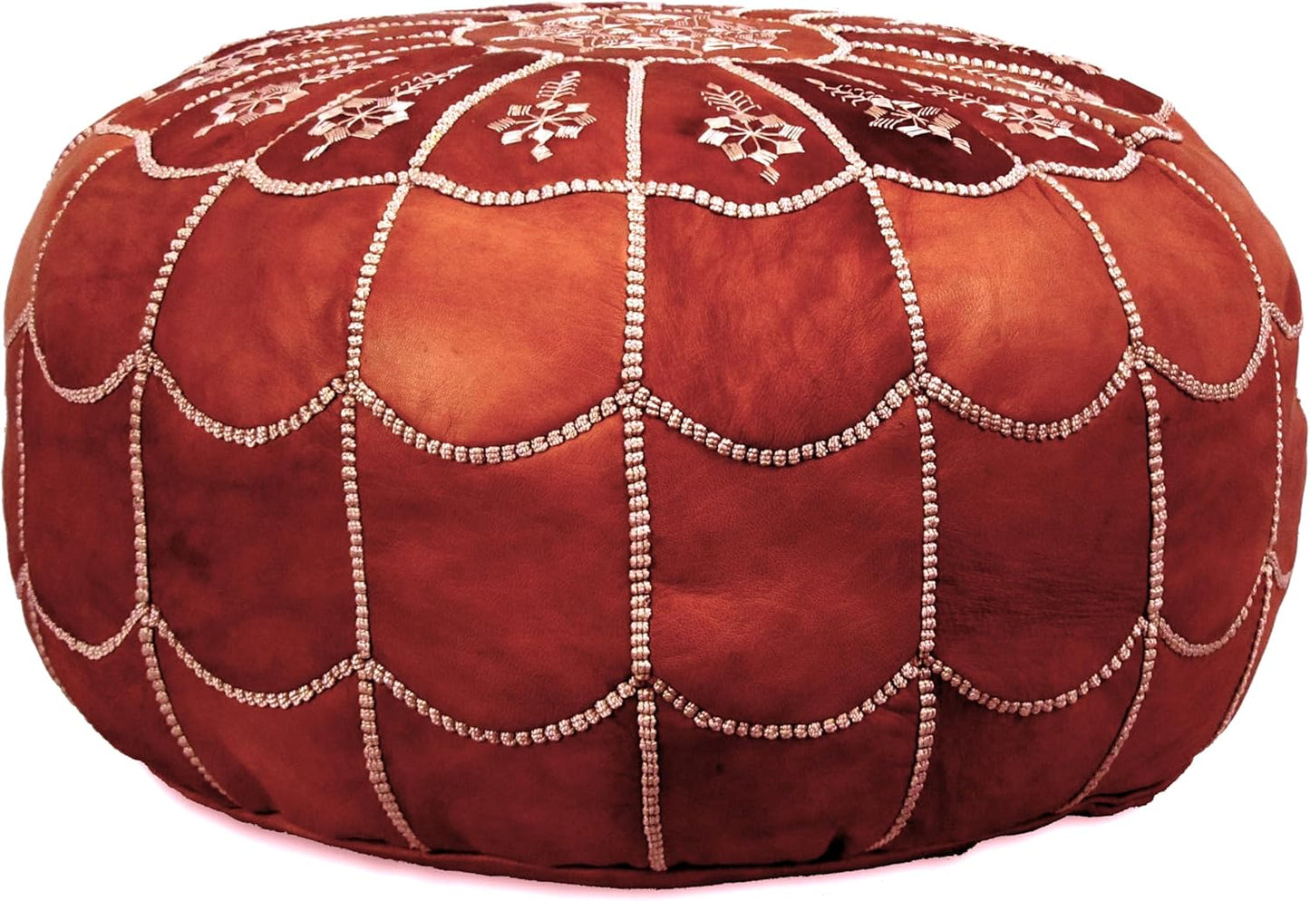 Stuffed Arch Design Moroccan Leather Pouf Ottoman, Handmade, Pre-Filled, 100% Genuine Leather, 14” Height x 22” Diameter – Boho Chic Footstool & Living Room Décor (Honey Cognac)