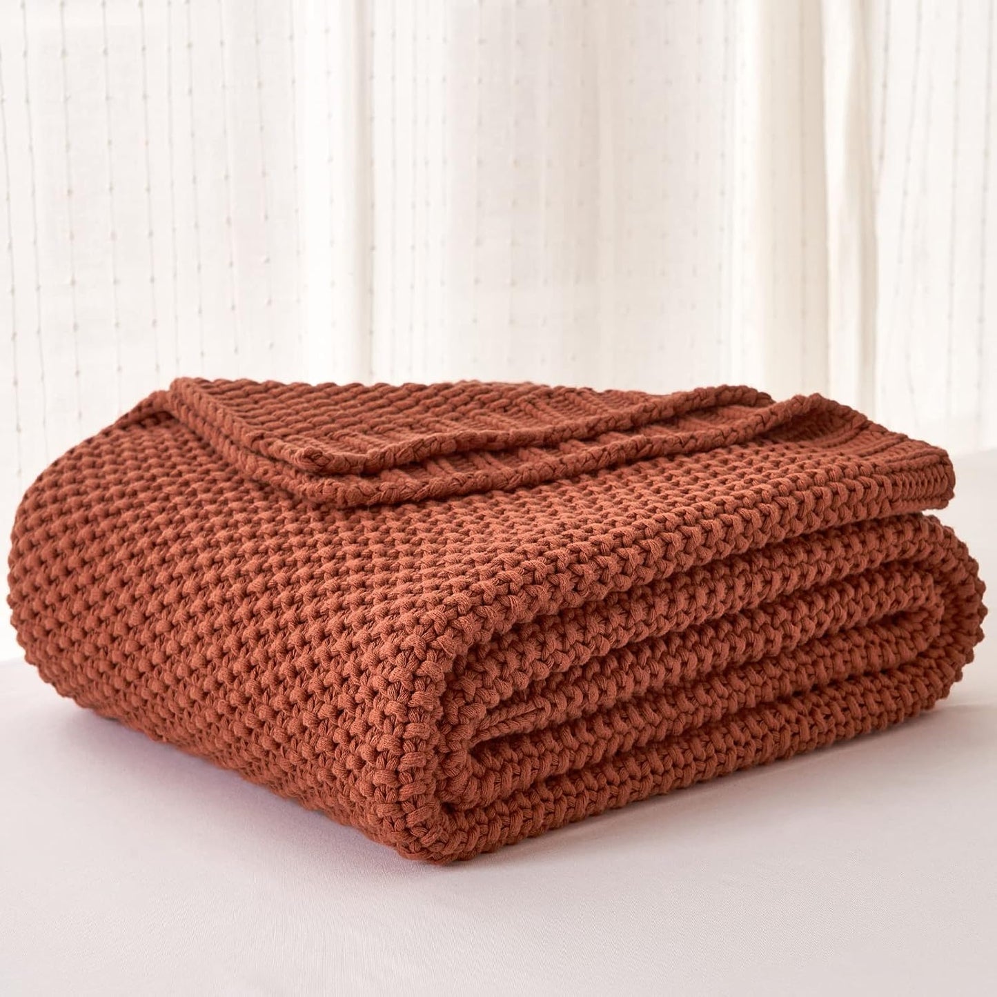 Longhui bedding Chunky Cable Knit Throw Blanket Lightweight Rust 100% Organic Cotton Blanket for Sofa Couch Bed Baby Nursery, Rustic Shabby Chic Modern Farmhouse, 51” x 63” Give Laundering Bag