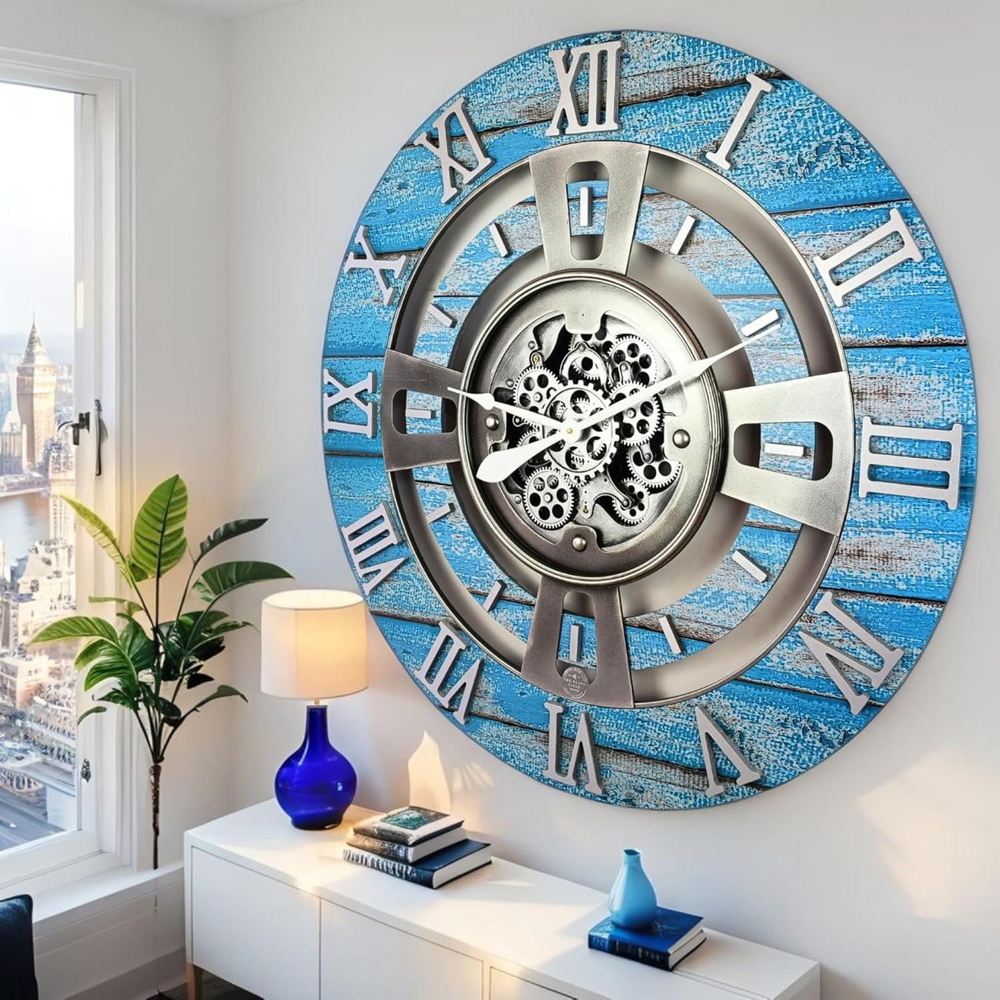 The Gears Clock Real Moving Gear Wall Clock England Line (Ocean Blue, 36 inches (90 cm))