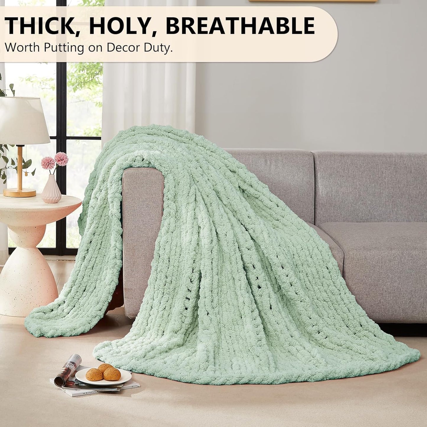 L'AGRATY Chunky Knit Blanket Throw: 60''x80'' Chenille Chunky Knitted Throw Blanket for Bed Couch - Handmade Thick Big Cable Knit Blanket - Large Crochet Rope Blanket for Home Decor(Milky Green)